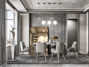 现代简约极简风格餐厅圆桌餐边柜