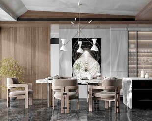 现代简约极简风格餐厅圆桌餐边柜