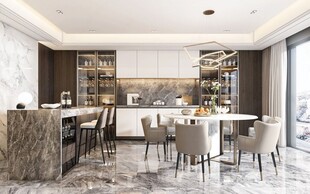 现代简约极简风格餐厅圆桌餐边柜