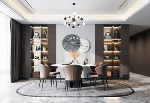 现代简约极简风格餐厅圆桌餐边柜