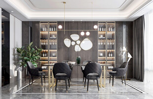 现代简约极简风格餐厅圆桌餐边柜