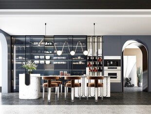 现代简约极简风格餐厅圆桌餐边柜