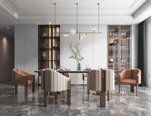 现代简约极简风格餐厅圆桌餐边柜