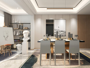 现代简约极简风格餐厅圆桌餐边柜