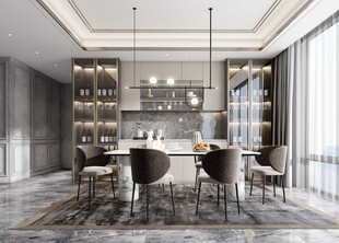 现代简约极简风格餐厅圆桌餐边柜