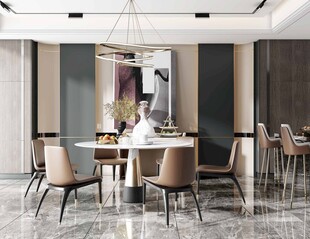 现代简约极简风格餐厅圆桌餐边柜