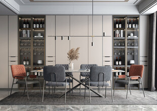 现代简约极简风格餐厅圆桌餐边柜