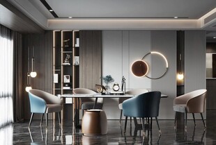 现代简约极简风格餐厅圆桌餐边柜