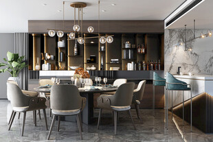 现代简约极简风格餐厅圆桌餐边柜