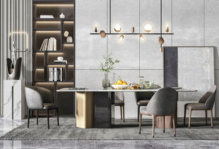 现代简约极简风格餐厅圆桌餐边柜