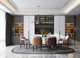 现代简约极简风格餐厅圆桌餐边柜