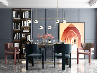 现代简约极简风格餐厅圆桌餐边柜