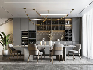 现代简约极简风格餐厅圆桌餐边柜