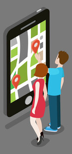 情侣用手机查看约会地点