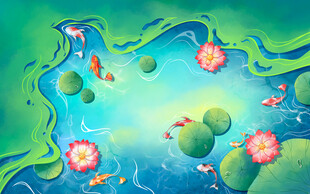 梦幻池塘中的荷花与锦鲤