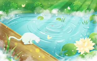 池塘边的小白猫与睡莲