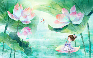 荷塘泛舟少女唯美画面