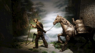 中世纪旅人牵马于神秘洞穴