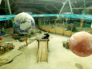 室内航天主题展示场景里的熊猫