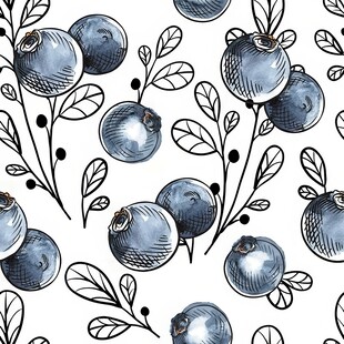 手绘蓝莓枝叶图案