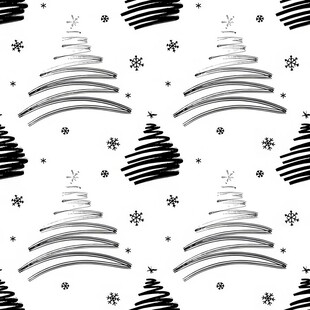 黑白圣诞树雪花无缝图案四方连续
