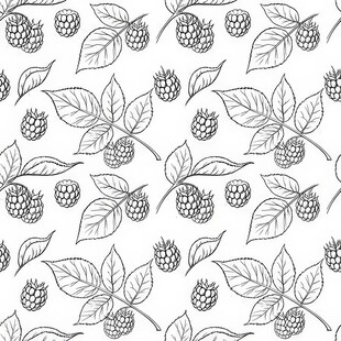 黑白浆果树叶图案背景四方连续 