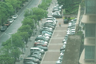 城市街道旁整齐停放的车辆