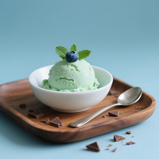 薄荷蓝莓冰淇淋置于木盘上