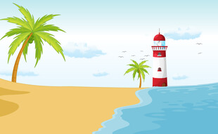 海边灯塔与棕榈树风景