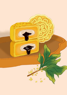 美味双黄月饼配秋叶手绘插画