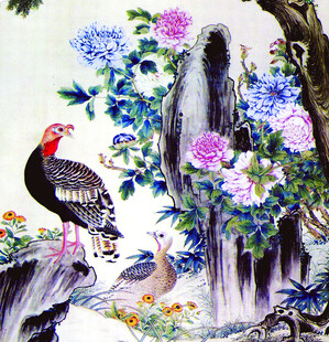 花鸟图中锦鸡栖于山石间