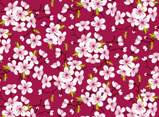 深红底粉白樱花花卉图案