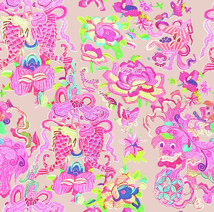 梦幻多彩动物花卉图案