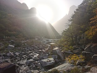 山谷晨光中的嶙峋石景