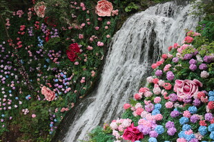 繁花簇拥的梦幻瀑布景观