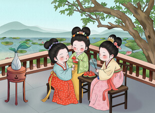 夏天吃西瓜仕女图