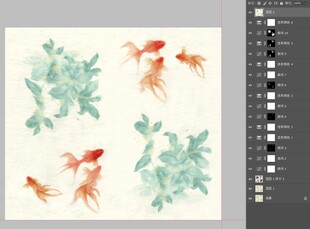 水墨风金鱼与绿植画面