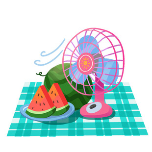 夏日风扇与西瓜惬意场景