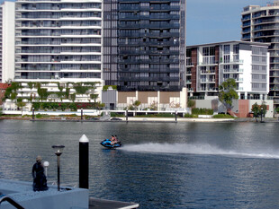 高楼与水上小船景象