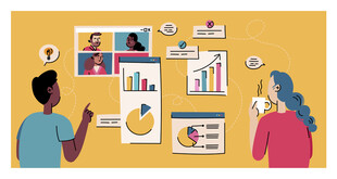 两人研讨墙上展示的资料