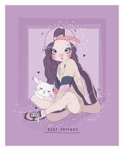 紫色系萌系少女与白兔