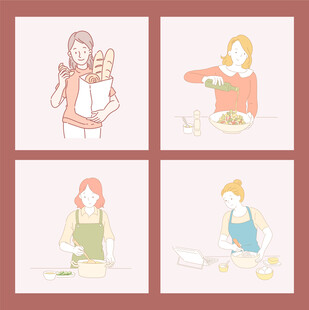 女性日常烹饪场景插画