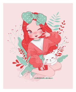 红发女孩与猫咪插画