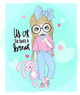 戴眼镜萌妹与粉色兔子玩偶