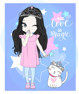 可爱粉裙女孩与猫咪