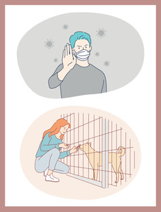 戴口罩人与笼中宠物狗