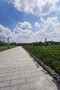 蓝天白云下的宽阔步道