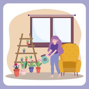 室内女士给绿植浇水场景