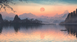 夕阳下的宁静山水湖景