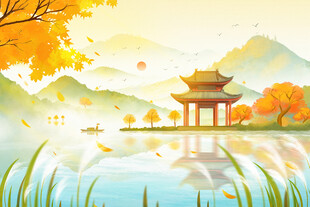 秋日湖畔古亭美景